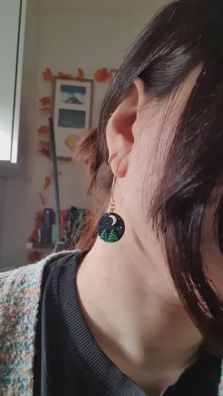 Pine tree landscape dangle earrings / starry sky night