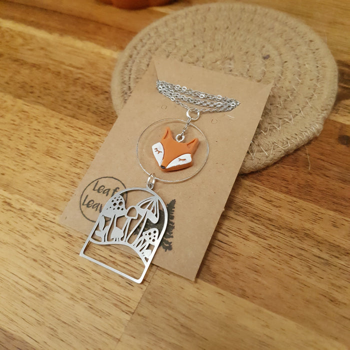 Fox with mushrooms charm necklace / handmade from polymer clay / nature jewelry pendant