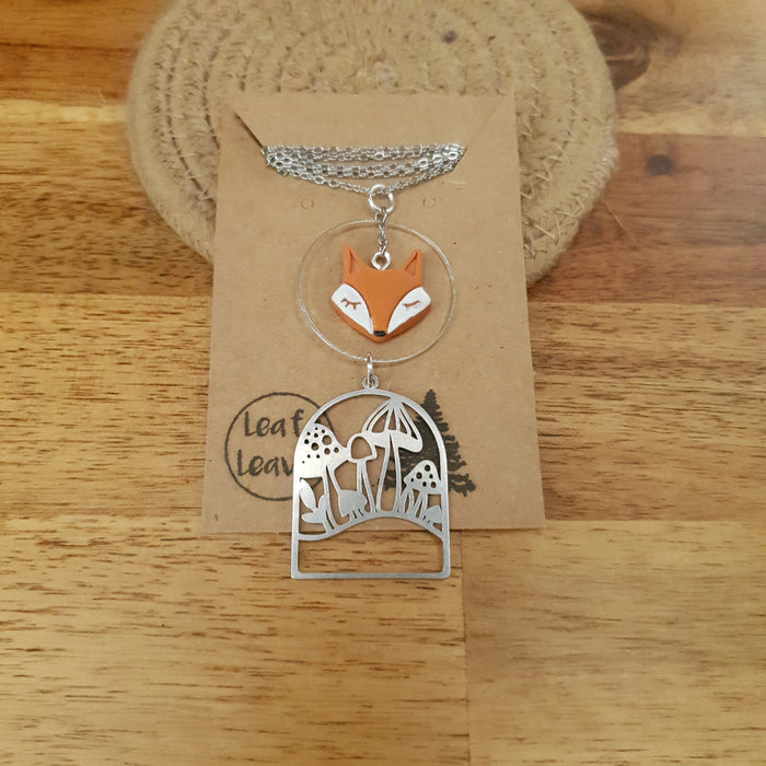 Fox with mushrooms charm necklace / handmade from polymer clay / nature jewelry pendant