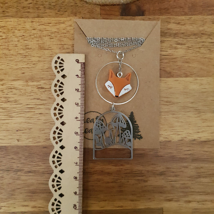 Fox with mushrooms charm necklace / handmade from polymer clay / nature jewelry pendant