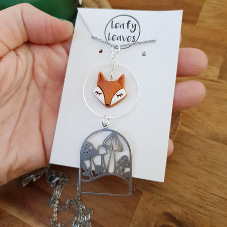 Fox with mushrooms charm necklace / handmade from polymer clay / nature jewelry pendant