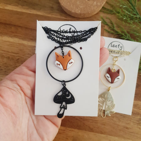 Fox with mushroom charm necklace / handmade from polymer clay / nature jewelry pendant