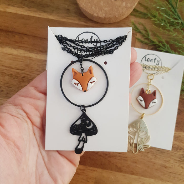 Fox with mushroom charm necklace / handmade from polymer clay / nature jewelry pendant