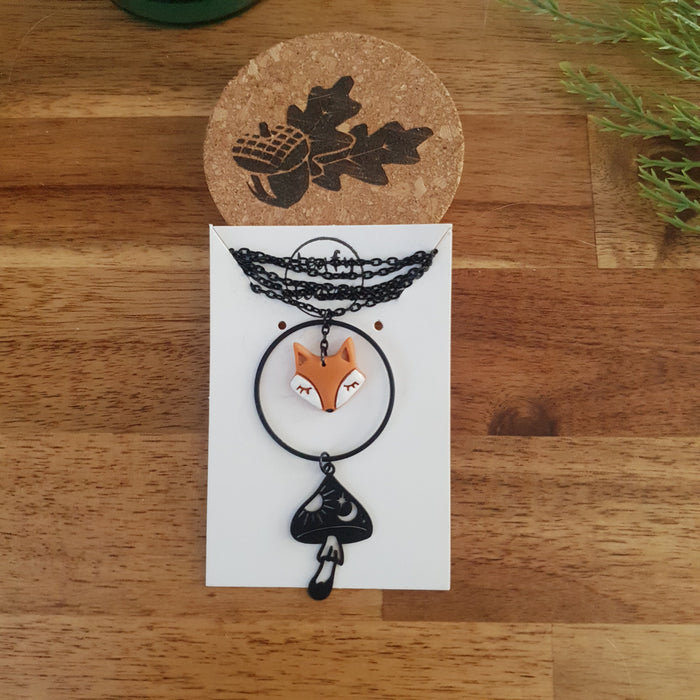 Fox with mushroom charm necklace / handmade from polymer clay / nature jewelry pendant