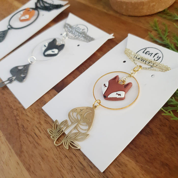 Fox with mushroom charm necklace / handmade from polymer clay / nature jewelry pendant