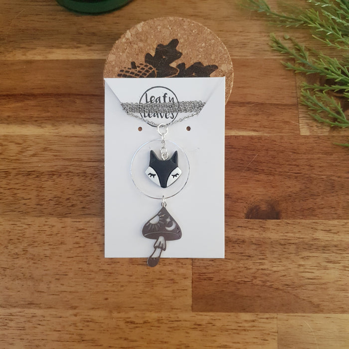 Fox with mushroom charm necklace / handmade from polymer clay / nature jewelry pendant