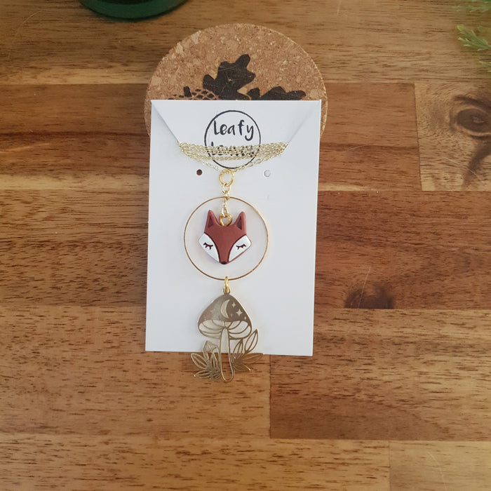Fox with mushroom charm necklace / handmade from polymer clay / nature jewelry pendant