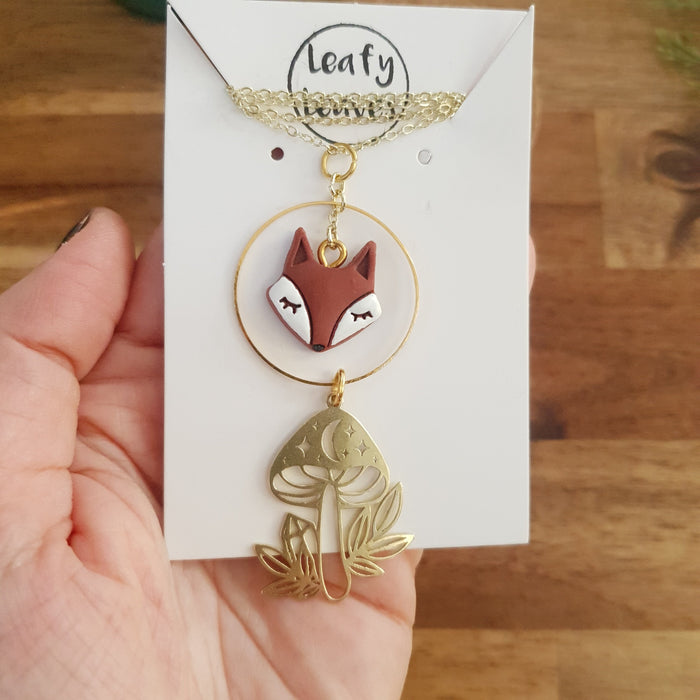 Fox with mushroom charm necklace / handmade from polymer clay / nature jewelry pendant