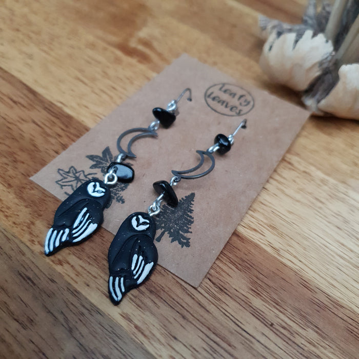 Barn owl earrings with moon and obsidian stones / nature woodlands forestcore