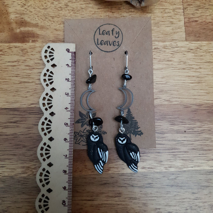 Barn owl earrings with moon and obsidian stones / nature woodlands forestcore